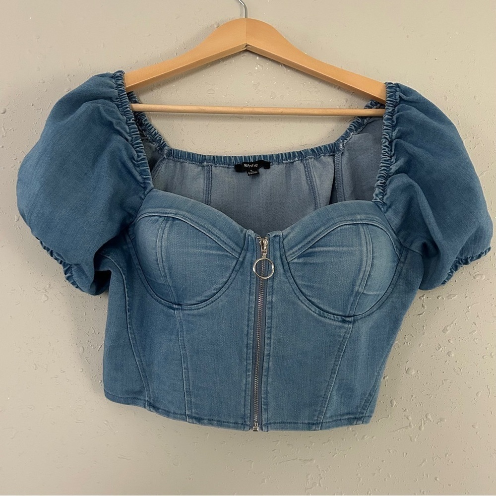 Blashe Blue Denim Puff Sleeve Crop Top Casual Large